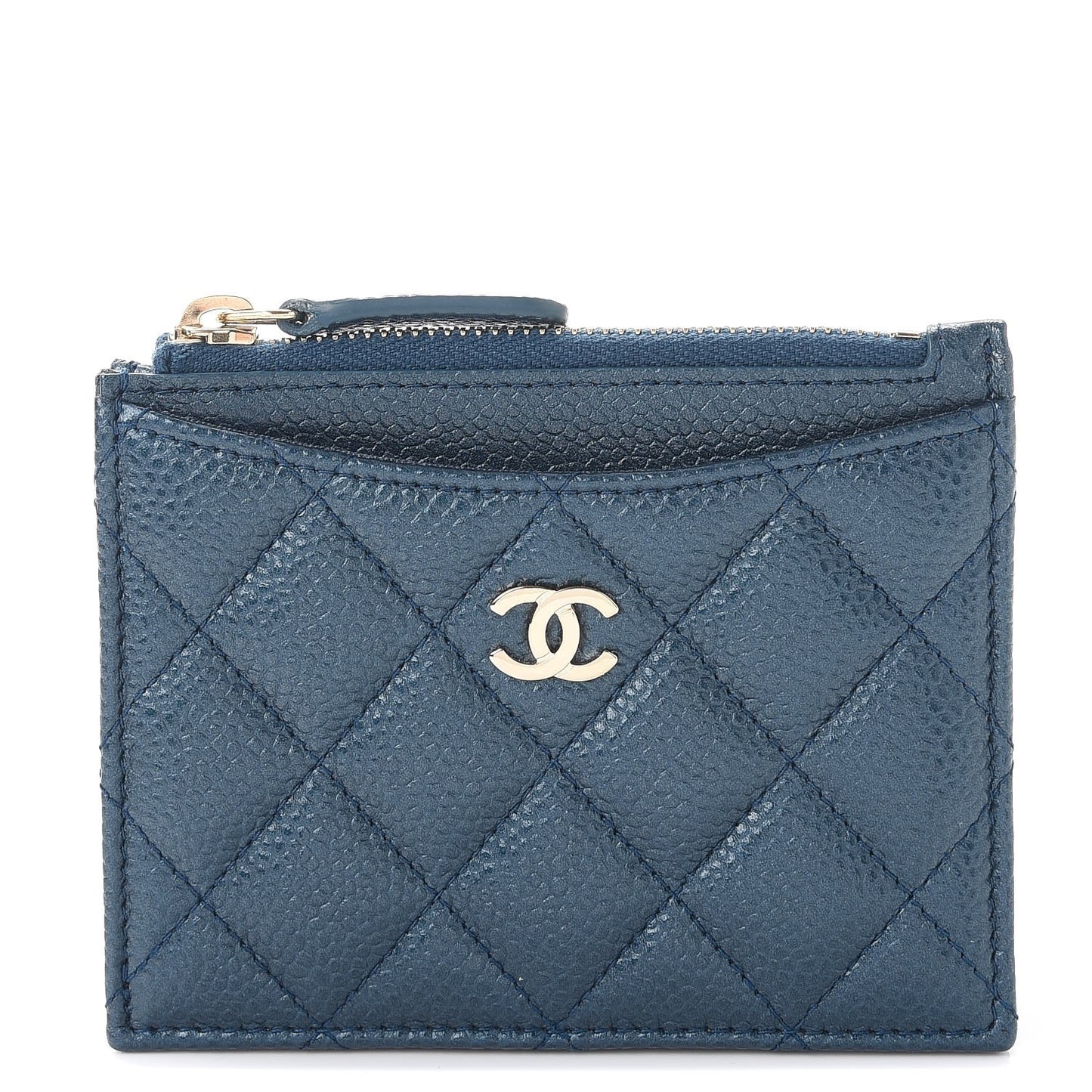 Metallic Caviar Quilted CC Zip Card Holder Dark Blue