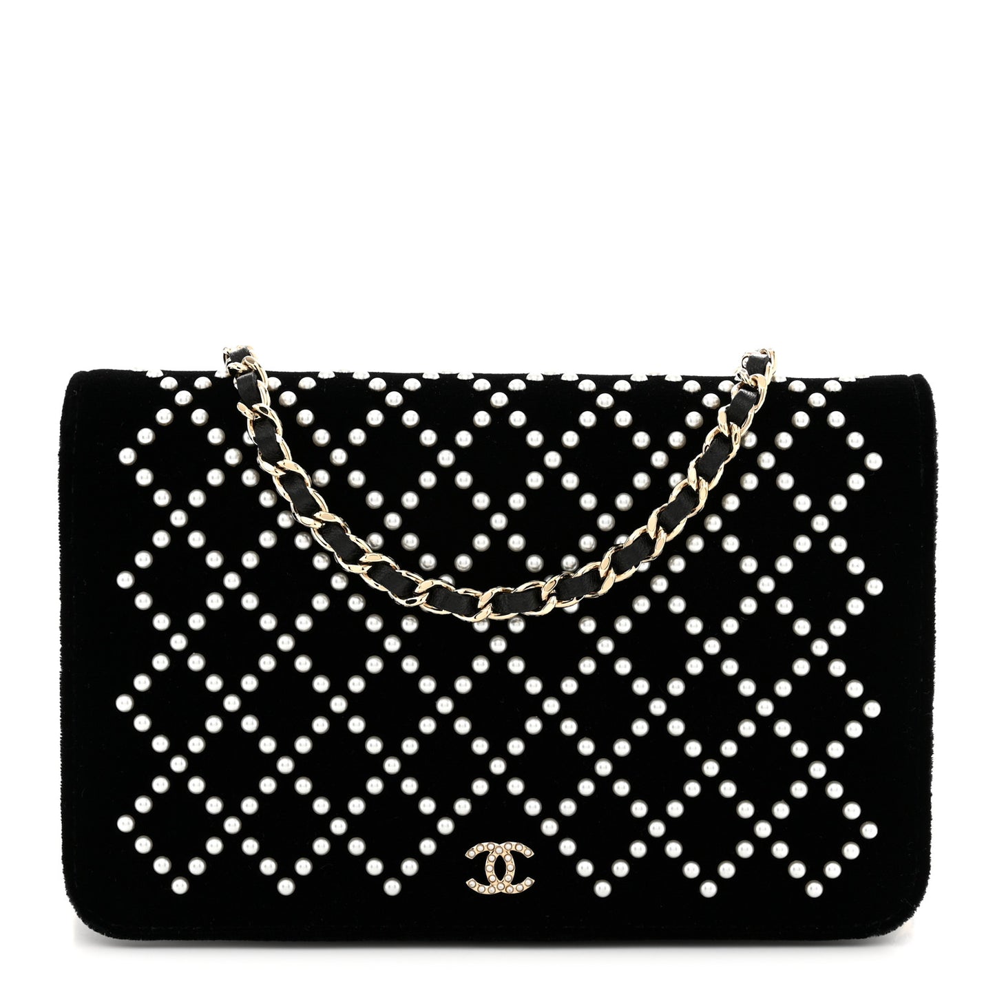 Velvet Pearl Diamond Embellished Wallet On Chain WOC Black