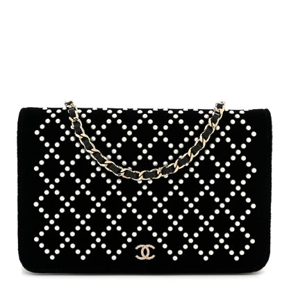 Chanel Velvet Pearl Diamond Embellished Wallet On Chain WOC Black 1 of 12