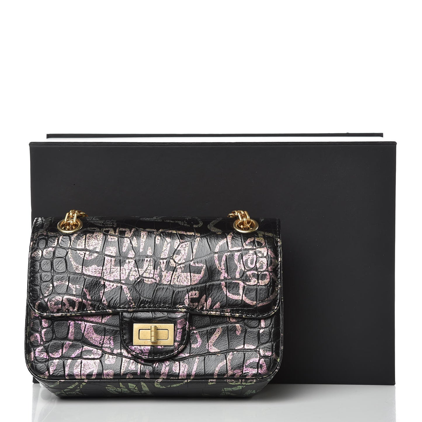 Calfskin Crocodile Embossed Graffiti 2.55 Mini Cocodile Reissue Flap Black Pink