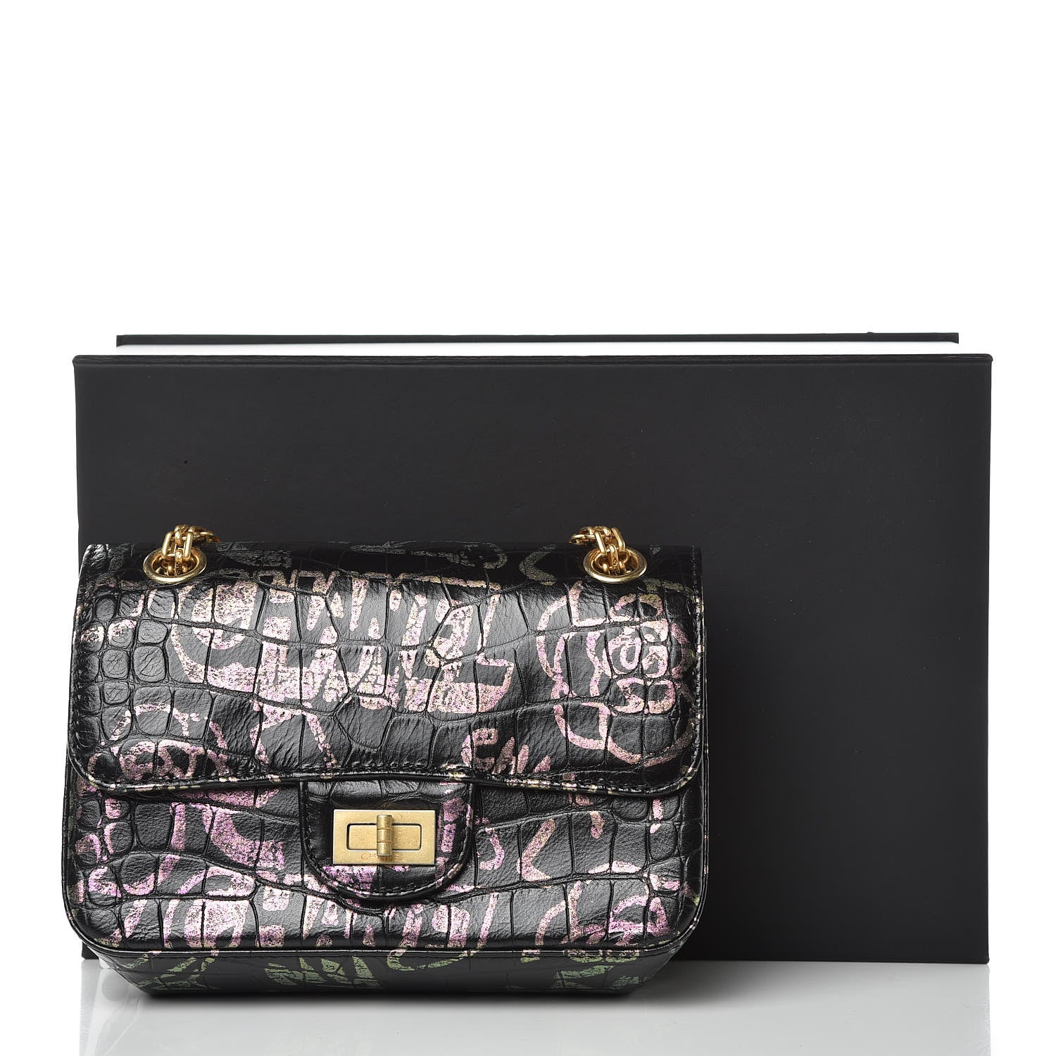 Chanel Calfskin Crocodile Embossed Graffiti 2.55 Mini Cocodile Reissue Flap Black Pink 10 of 11