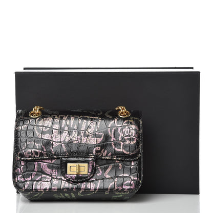 Chanel Calfskin Crocodile Embossed Graffiti 2.55 Mini Cocodile Reissue Flap Black Pink 10 of 11