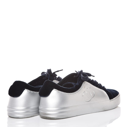 Chanel Calfskin Velvet Womens CC Sneakers 35 Silver Blue 4 of 11