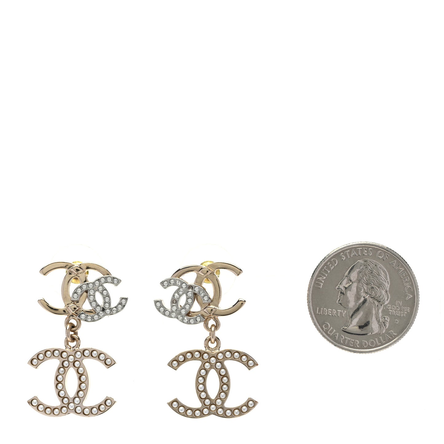 Crystal Pearl Double CC Drop Earrings Gold Silver