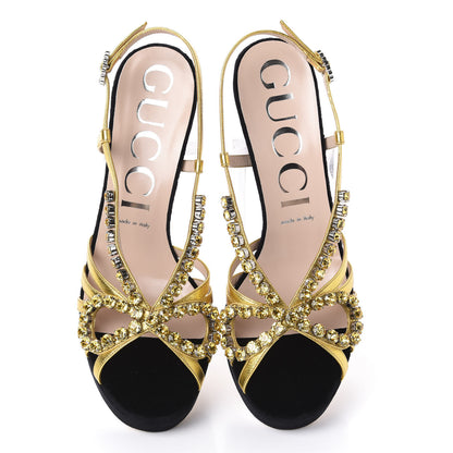 Gucci Velvet Nappa Crystal Zephyra Slingback Platform High Heel Sandals 40 Black Gold 5 of 9