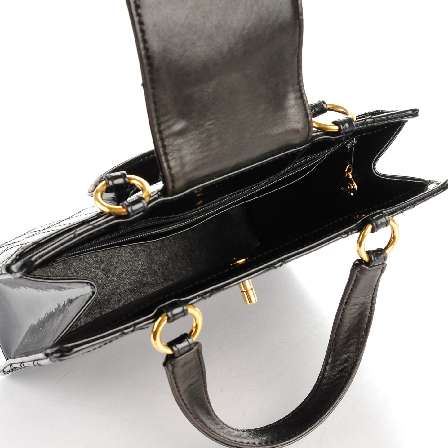 Patent Quilted Top Handle Tote Black
