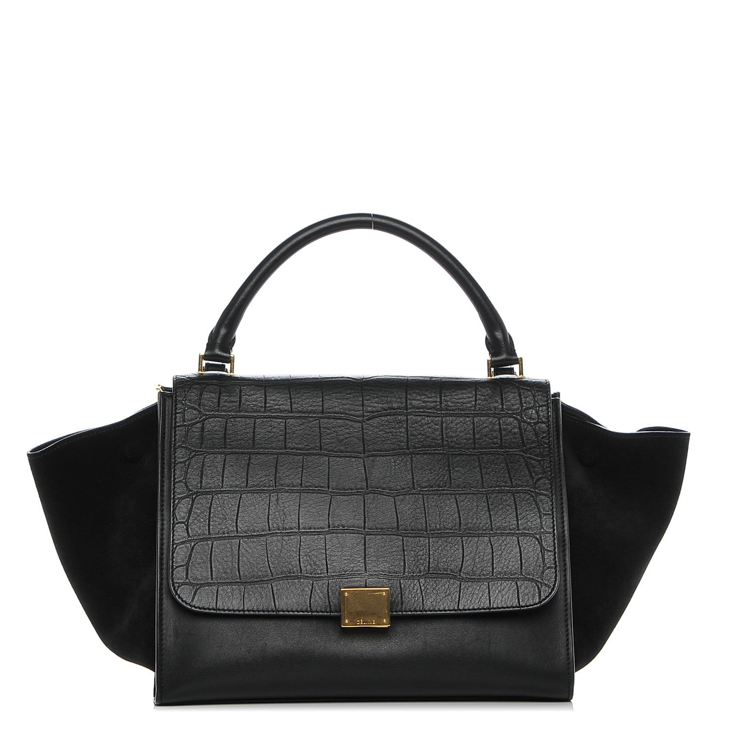 Celine Crocodile Embossed Calfskin Suede Medium Trapeze Black 1 of 6