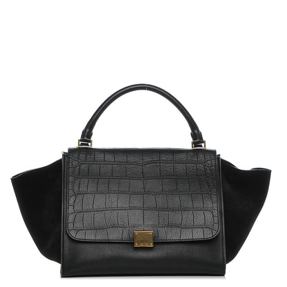 Celine Crocodile Embossed Calfskin Suede Medium Trapeze Black 1 of 6