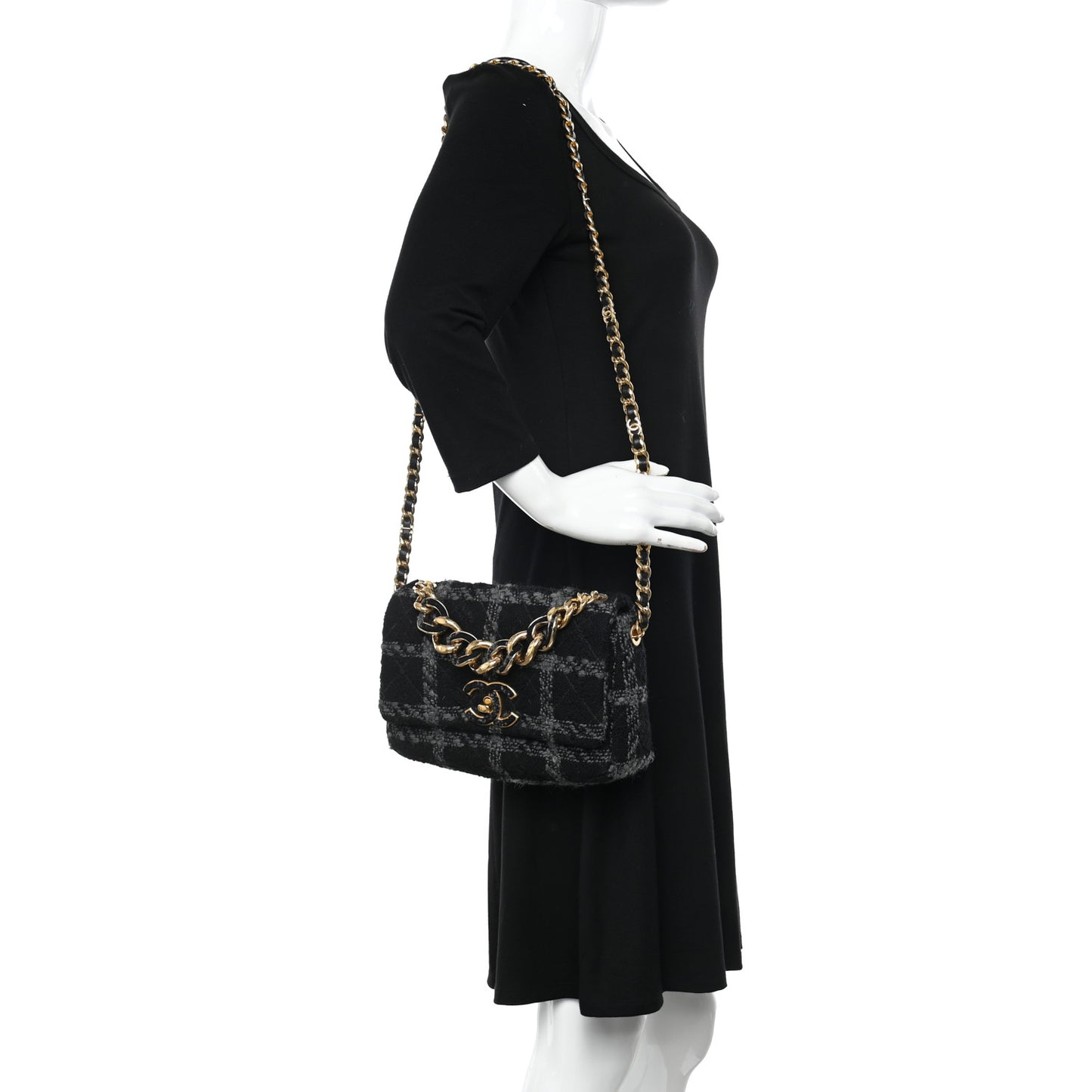 Wool Tweed Quilted Elegant Chain Flap Black Grey