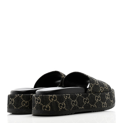 Gucci Jacquard Black Denim GG Monogram Angelina Platform 55mm Slide Sandals 37.5 Black Ivory 4 of 10