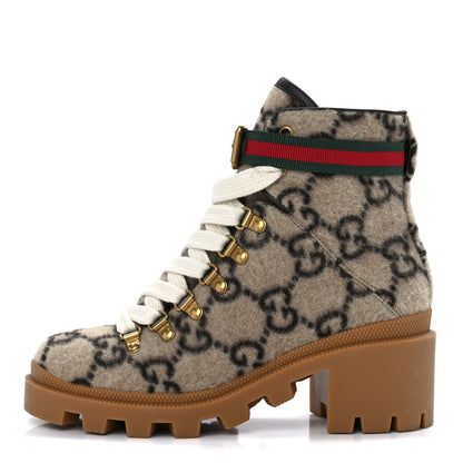 Gucci Covered Wool GG Monogram Womens Lace Up Combat Ankle Boots 35.5 Beige Ebony Cocoa 1 of 8