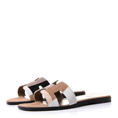 Hermes Velvet Goatskin Patchwork Oran Sandals 38.5 Multicolor Beige 3 of 9