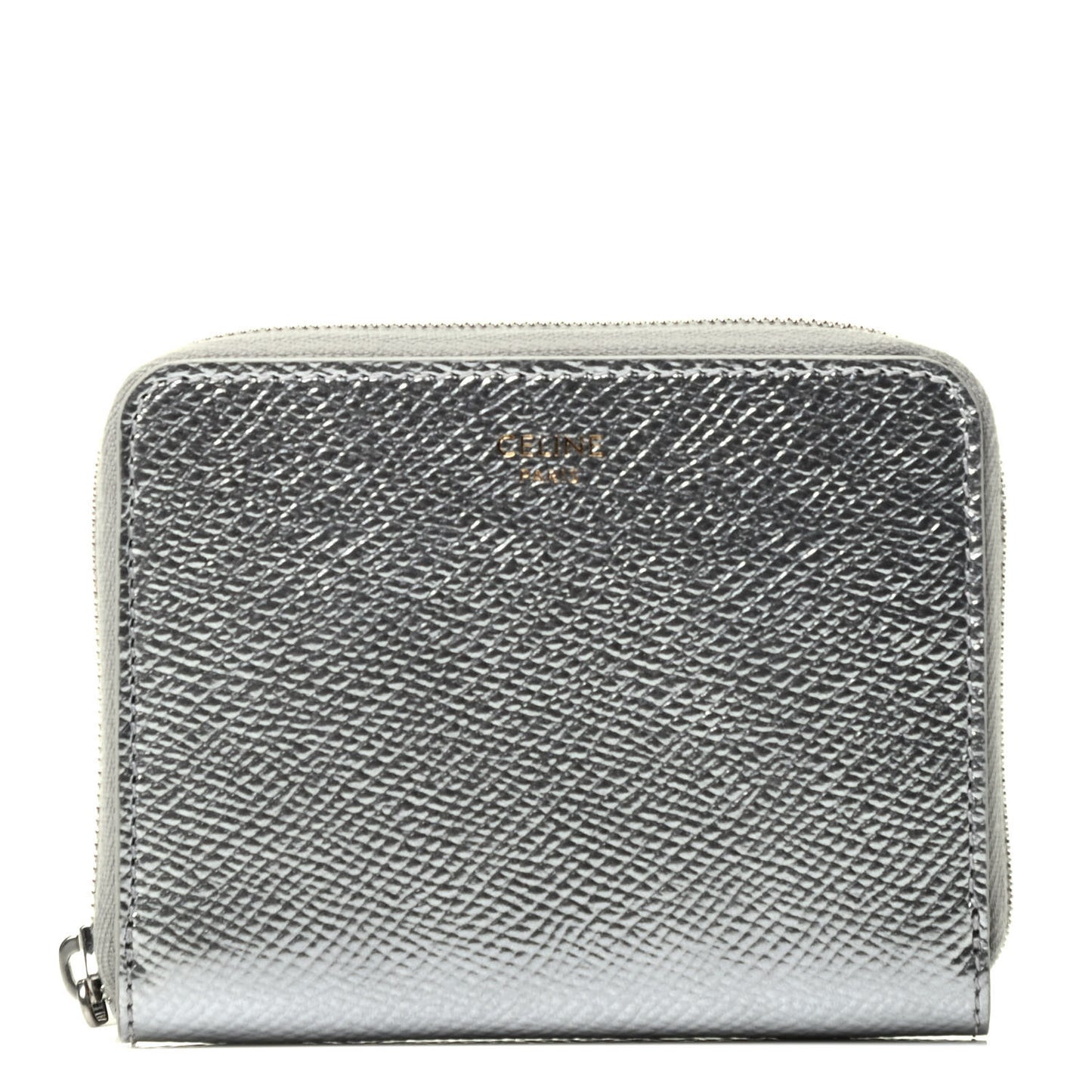 Laminated Grained Calfskin Compact Zipped Wallet Silver