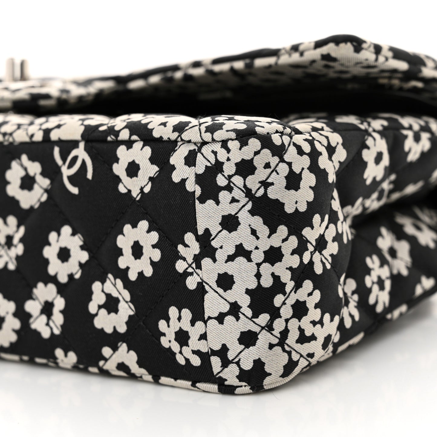 Canvas Floral Printed Quilted Medium Double Flap Black White