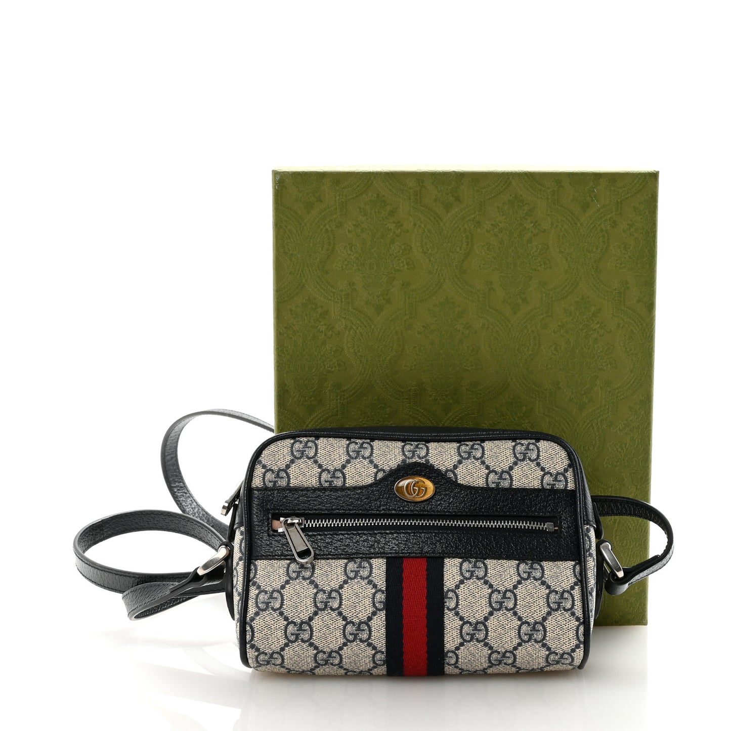 GG Supreme Monogram Textured Dollar Calfskin Web Mini Ophidia Shoulder Bag Beige Blue