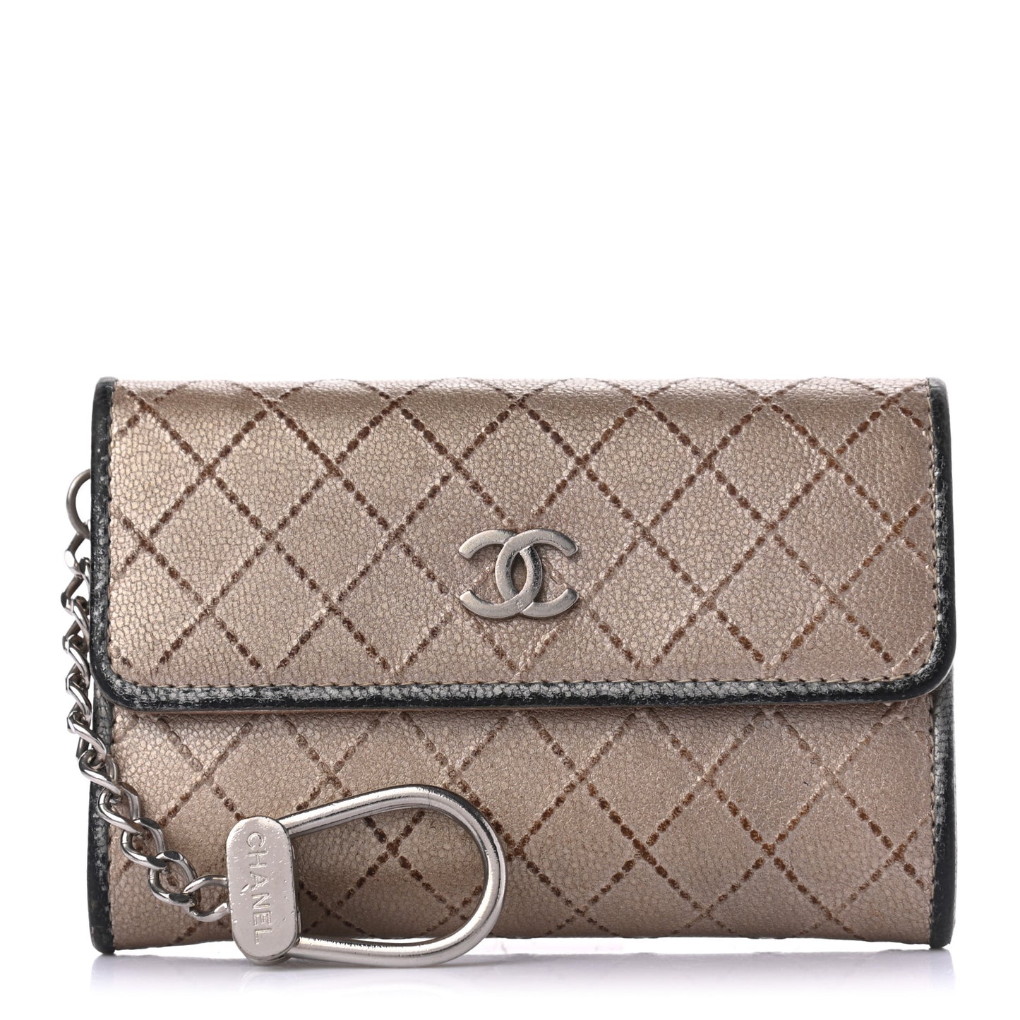 Metallic Calfskin Diamond Stitched Key Holder Case Gold Silver