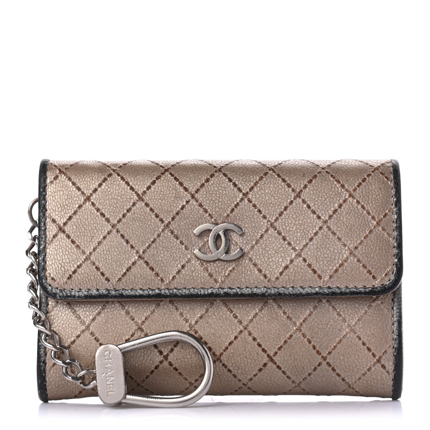 Chanel Metallic Calfskin Diamond Stitched Key Holder Case Gold Silver 1 of 9