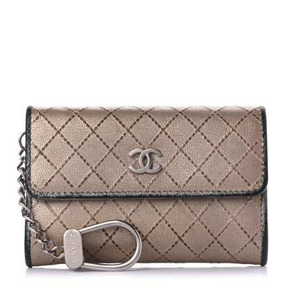 Chanel Metallic Calfskin Diamond Stitched Key Holder Case Gold Silver 1 of 9