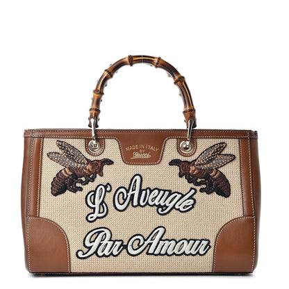 Gucci Calfskin L'Aveugle Par Amour Embroidered Medium Bamboo Shopper Tote Brown 1 of 11