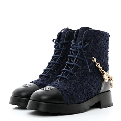 Chanel Wool Tweed Calfskin Chain Lace Up Combat Boots 39.5 Navy Blue Black 3 of 9
