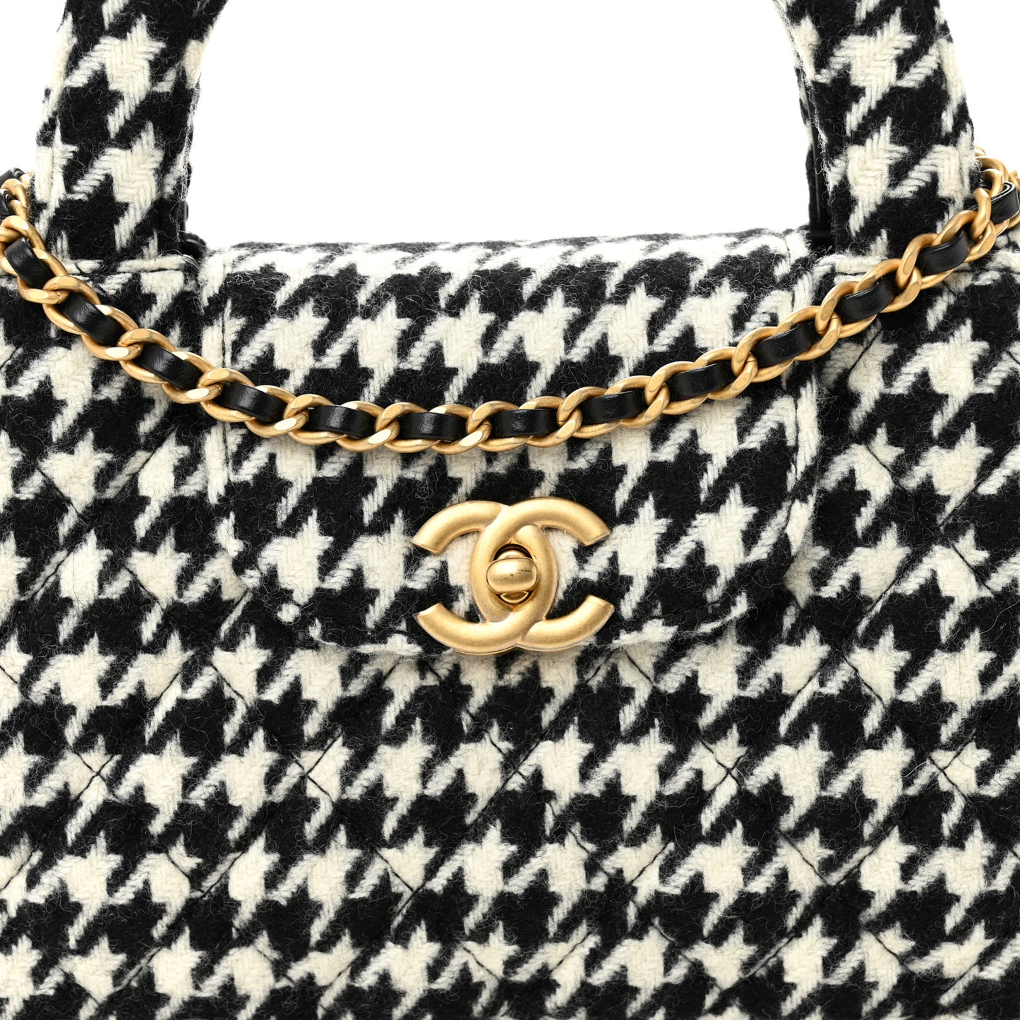 Tweed Houndstooth Quilted Nano Kelly Shopper Black White