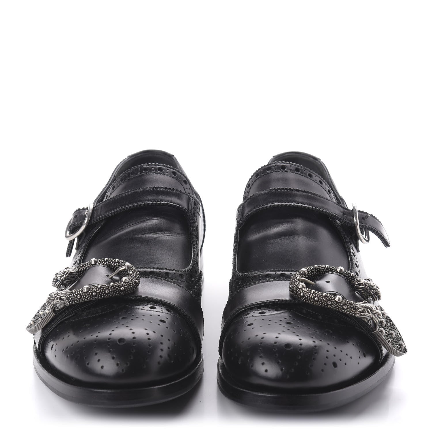 Gucci Calfskin Bee Embroidered Mens Queercore Brogue Wingtip Monk Strap Loafers 9 Black 2 of 13