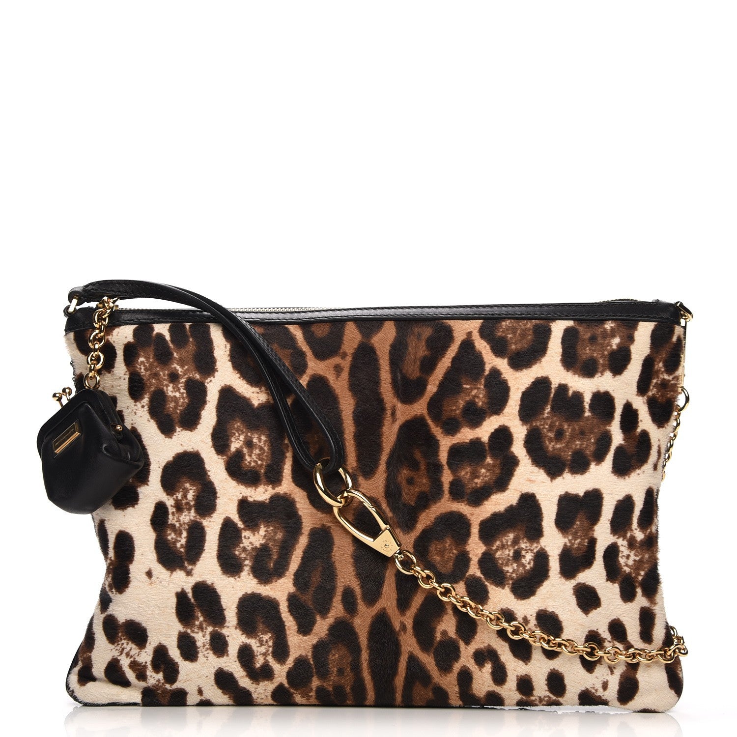 Dolce & Gabbana Sequin Leopard Print Calf Hair Chain Clutch Beige Bottle Green 1 of 7