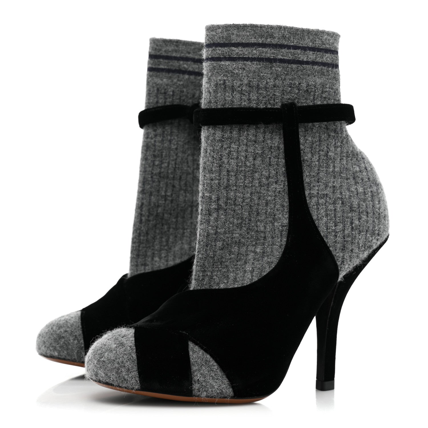 Fendi Stretch Fabric Knit Suede Sock Booties 37.5 Grey Black 3 of 9