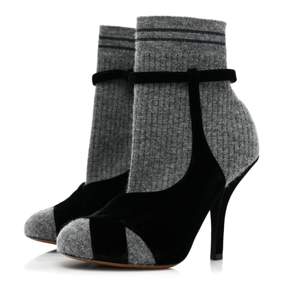 Fendi Stretch Fabric Knit Suede Sock Booties 37.5 Grey Black 3 of 9