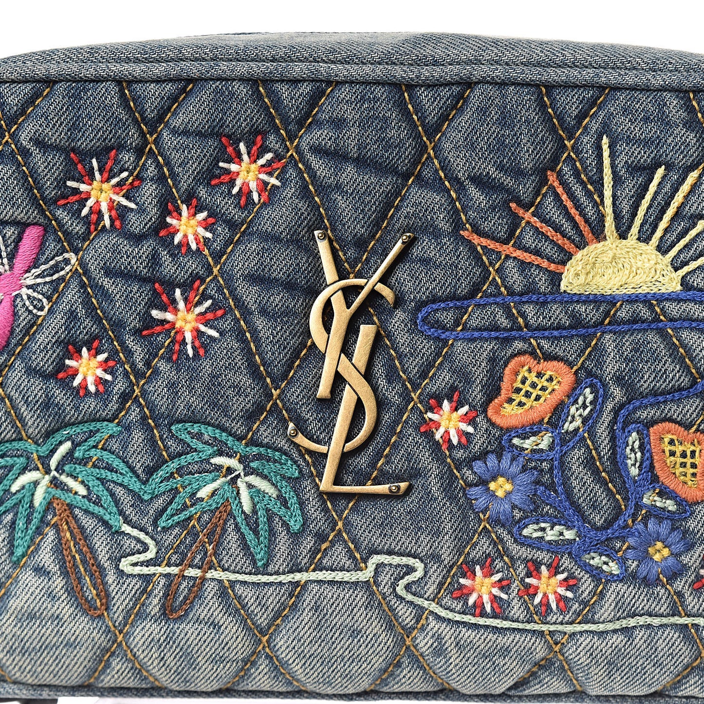 Denim Matelasse Quilted Summer Embroidered Classic Monogram Camera Bag Blue