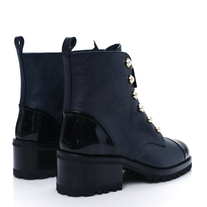 Chanel Grained Calfskin Patent Pearl Combat Ankle Boots 41 Dark Navy Blue Black 4 of 10