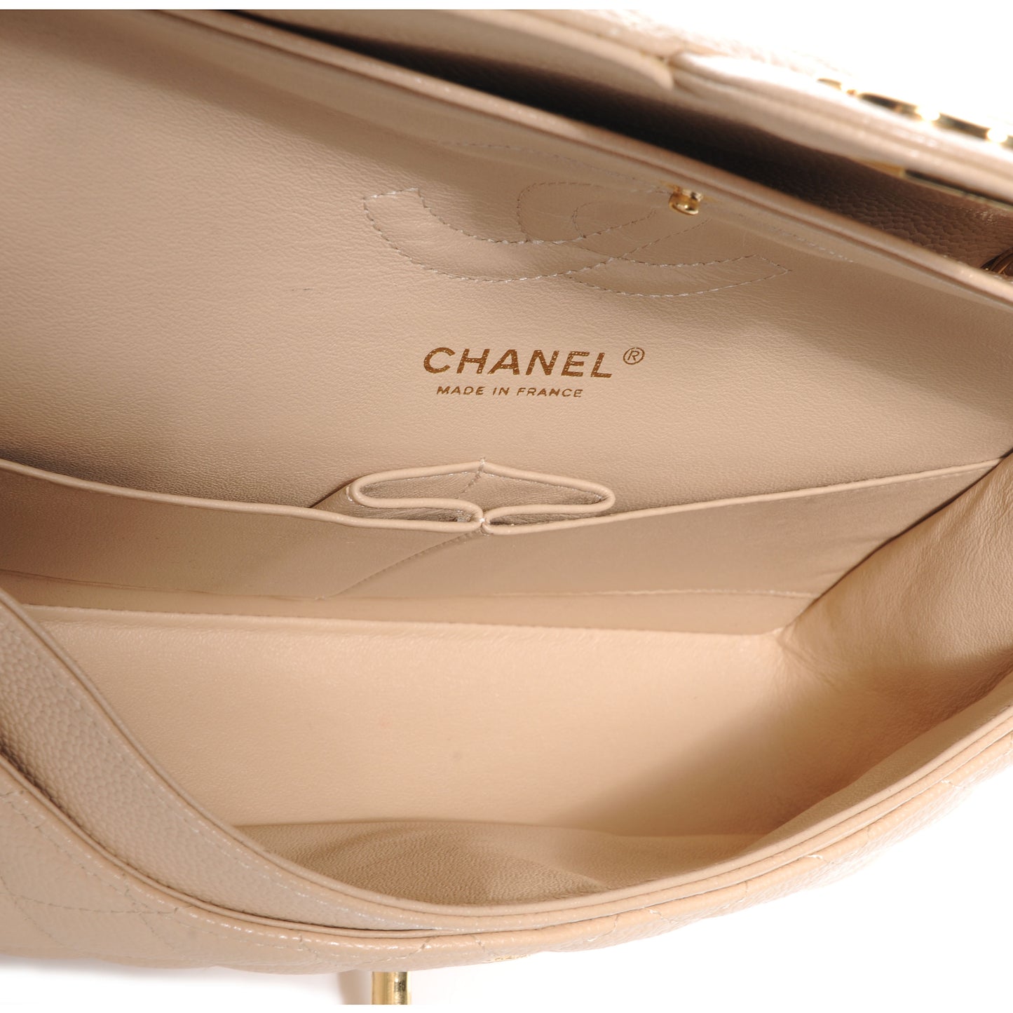 Caviar Quilted Medium Double Flap Beige Clair