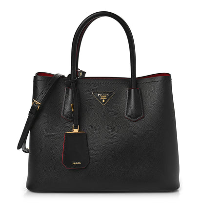 Prada Saffiano Cuir Medium Double Bag Black Fuoco 1 of 7