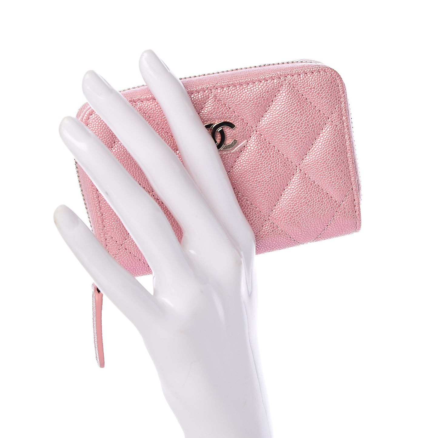 Iridescent Caviar Quilted Zip Coin Purse Pink