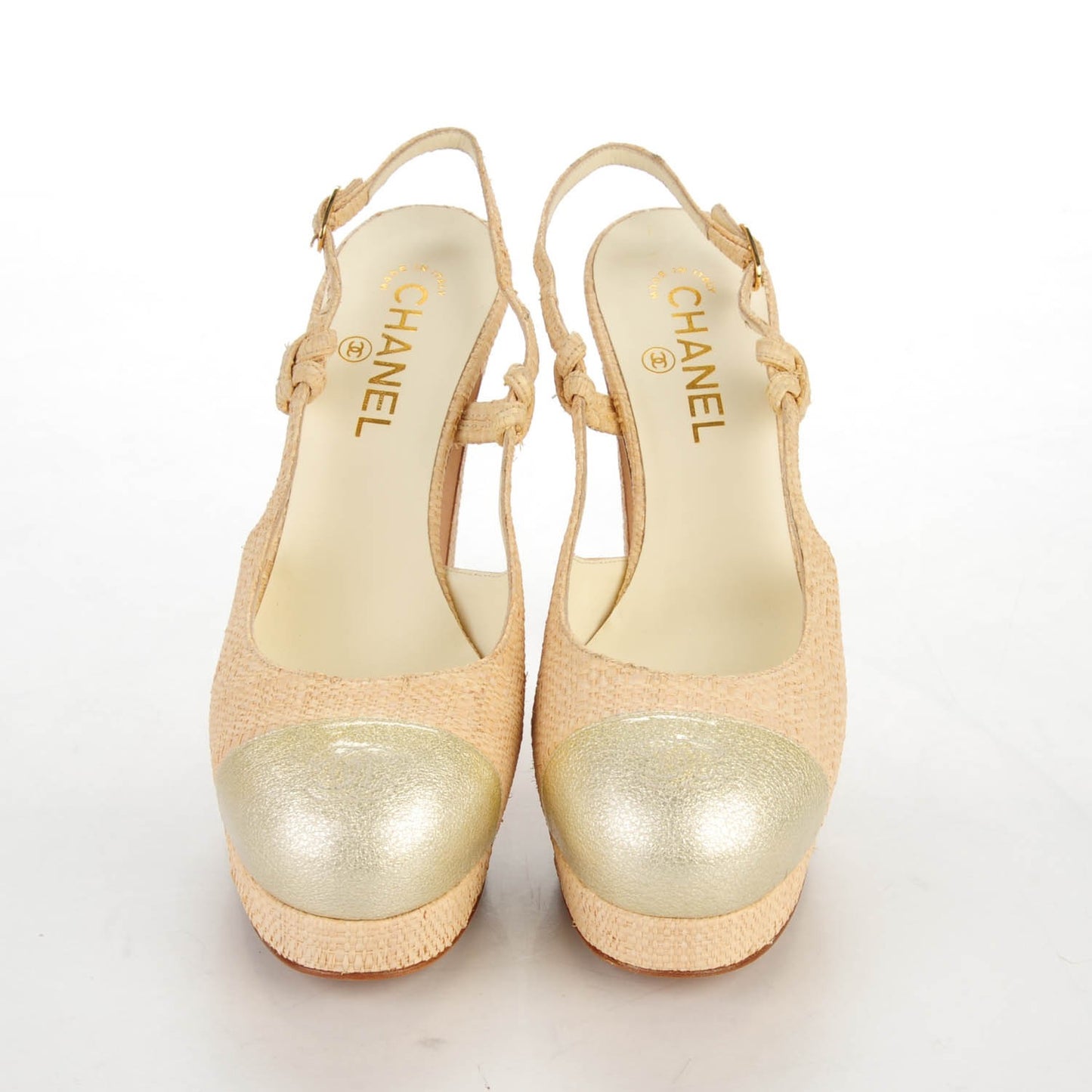 Raffia Patent Cap Toe CC Slingback Pumps 39.5 Gold