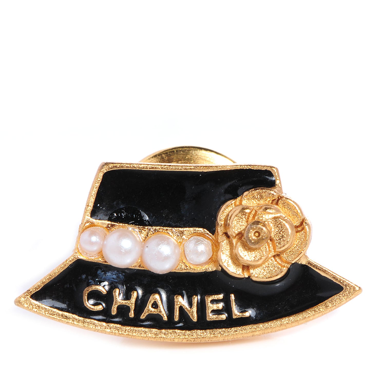 Enamel Pearl Camellia Hat Brooch Gold
