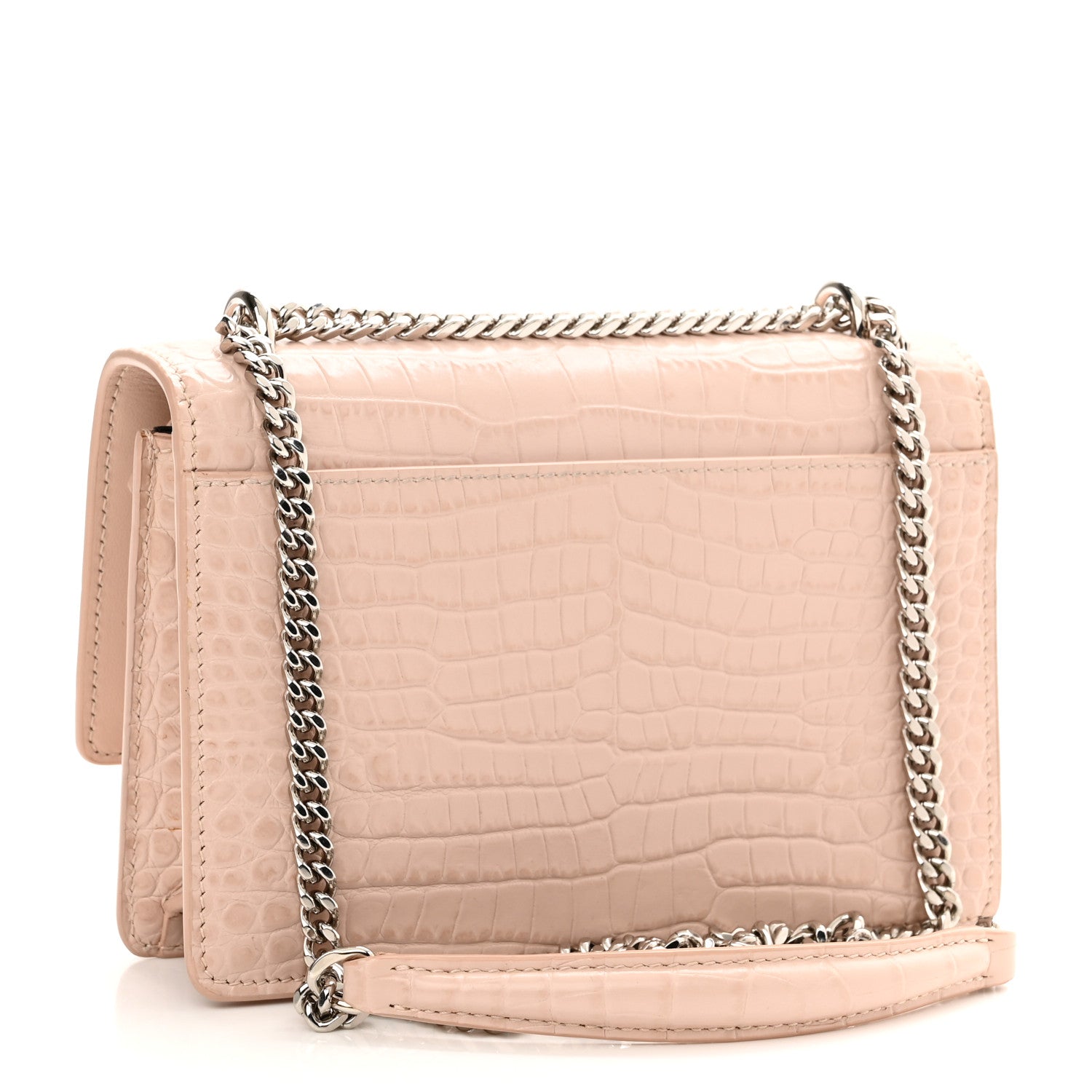 Saint Laurent Calfskin Crocodile Embossed Monogram Sunset Chain Wallet Rose Antic 3 of 9