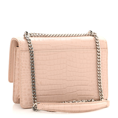 Saint Laurent Calfskin Crocodile Embossed Monogram Sunset Chain Wallet Rose Antic 3 of 9