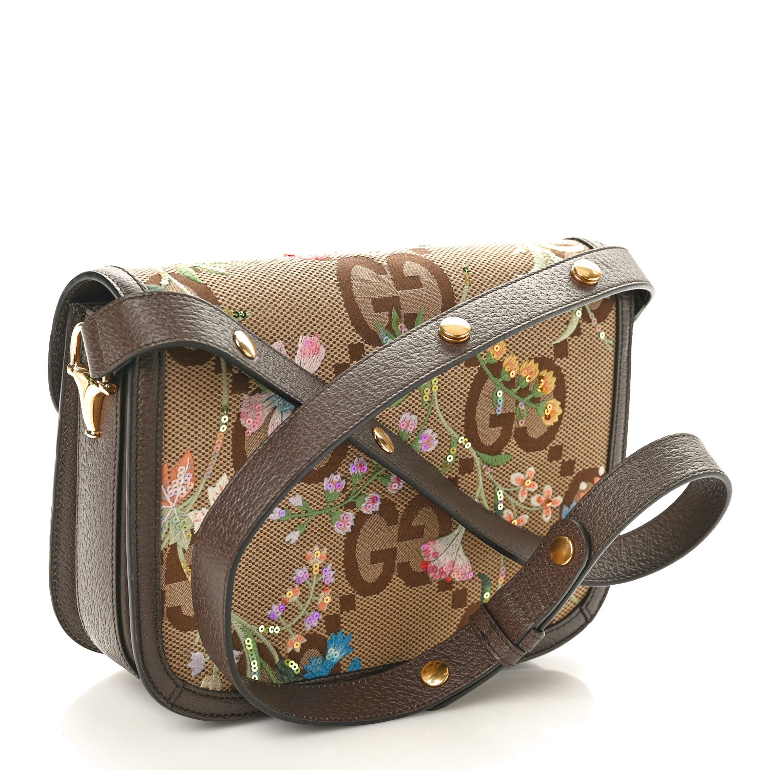 Gucci Monogram Jumbo GG Textured Dollar Calfskin Embroidered Horsebit 1955 Shoulder Bag Camel Ebony New Acero Multicolor 2 of 10