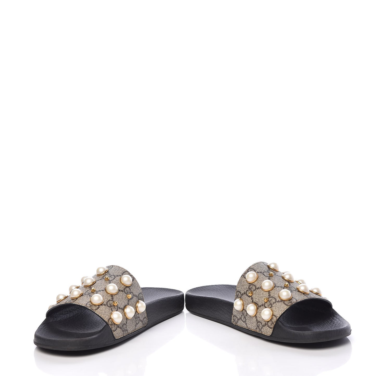 GG Supreme Monogram Pearls Slide Sandals 38 Beige