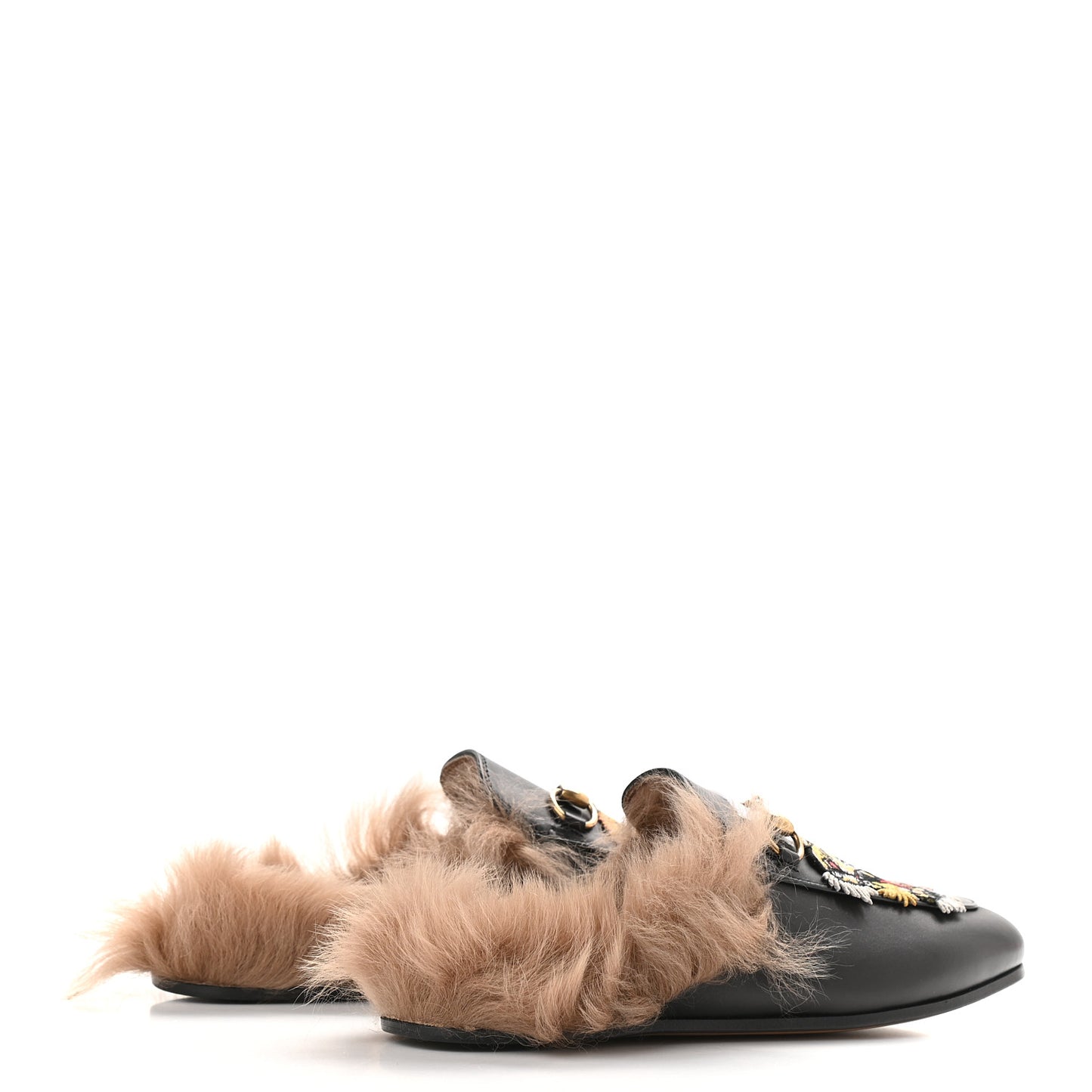 Calfskin Fur Tiger Embroidered Womens Princetown Slippers 35 Black