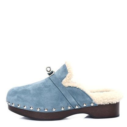 Hermes Suede Goatskin Woolskin Carlotta Mules 36 Bleu Pinede 1 of 8
