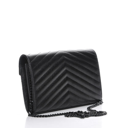 Saint Laurent Grain De Poudre Matelasse Chevron Monogram Chain Wallet Black 3 of 9