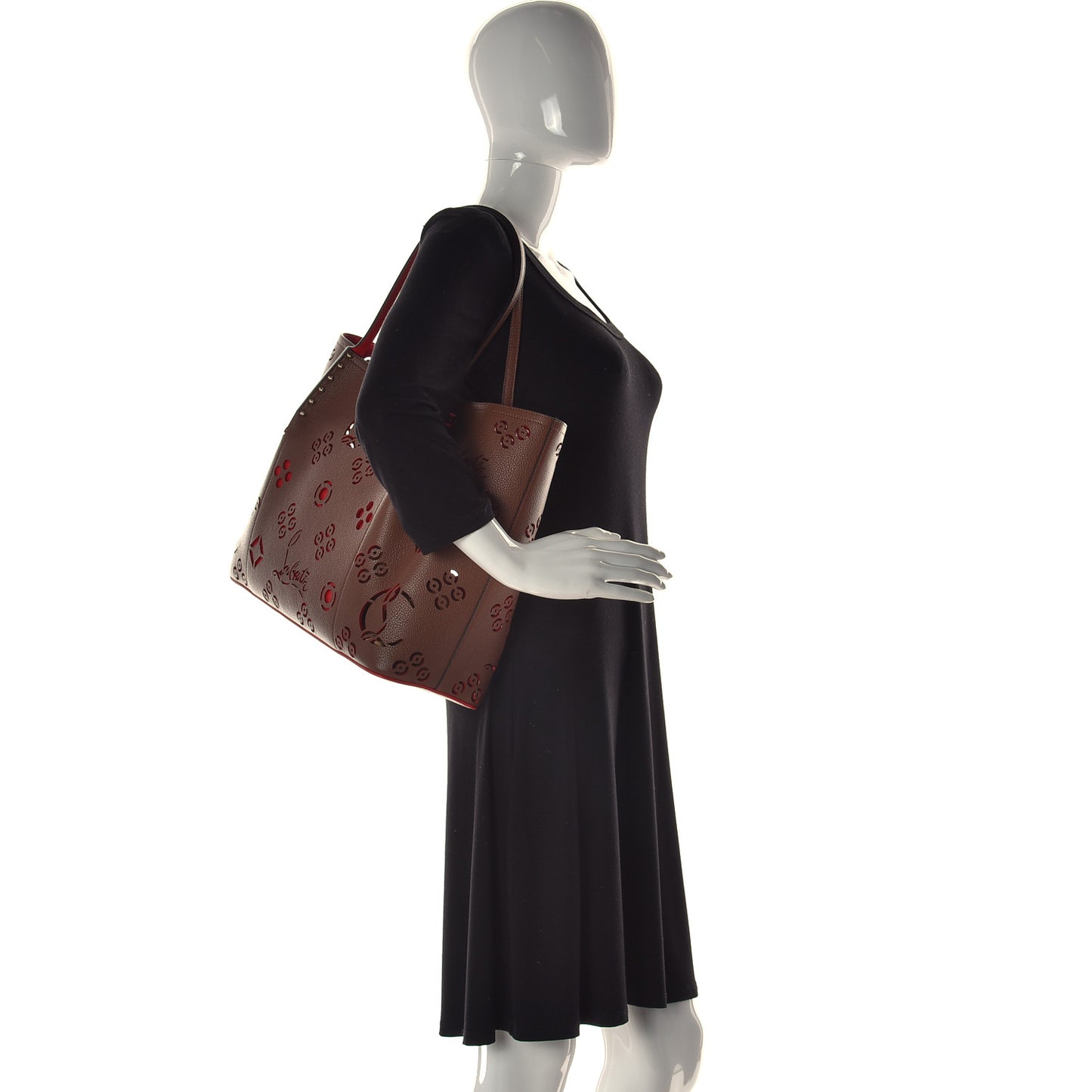 Calfskin Loubinthesky Large Perforated Cabarock Spikes Tote Biscotto