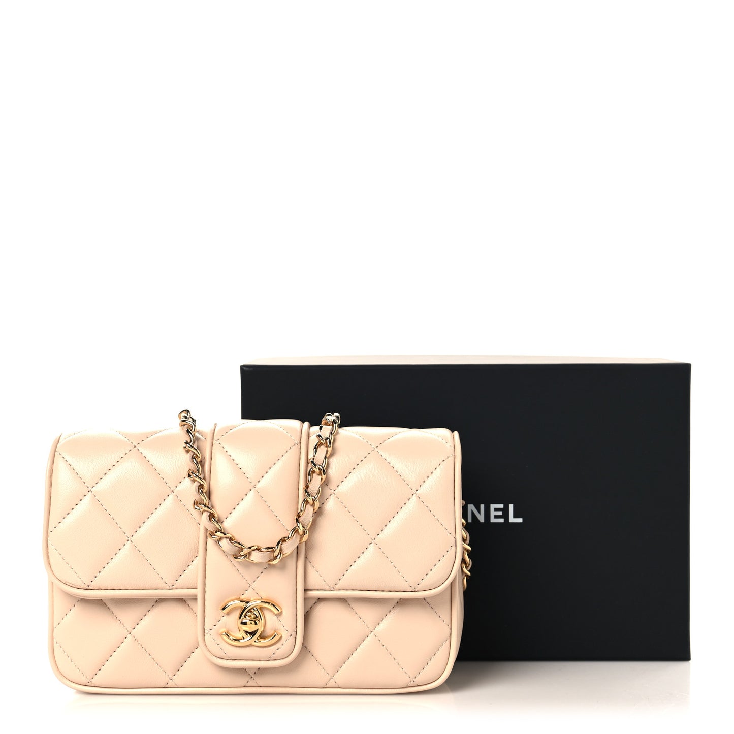 Lambskin Quilted Tab Mini Flap Beige