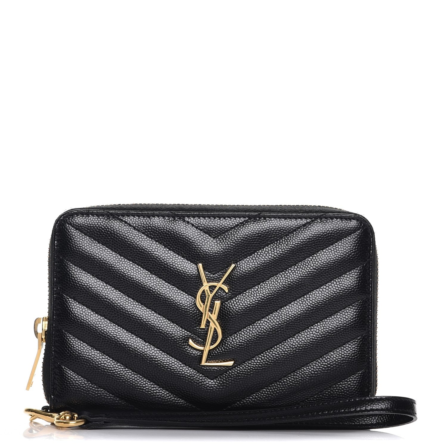 Saint Laurent Grain De Poudre Matelasse Chevron Monogram Phone Wallet Black 1 of 9