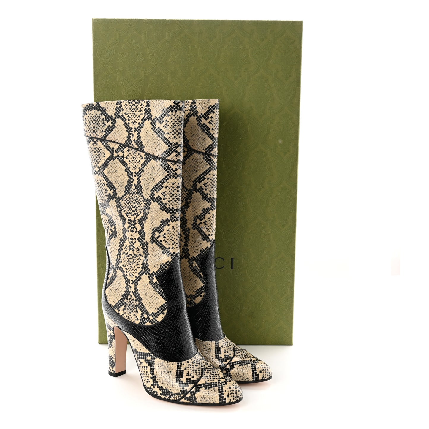 Calfskin Python Print Knee High Boots 38 Beige Avana