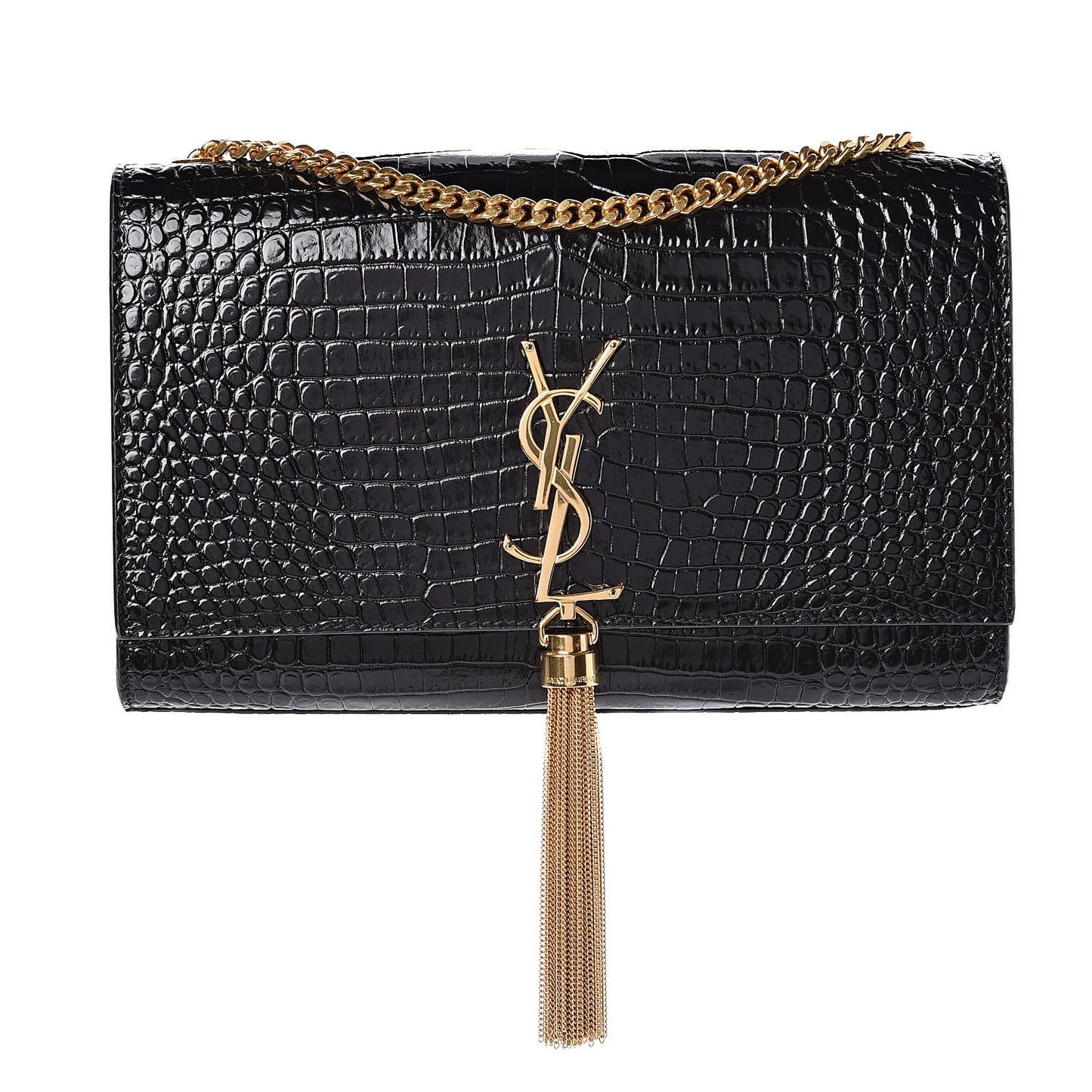 Calfskin Crocodile Embossed Medium Classic Monogram Kate Tassel Satchel Black