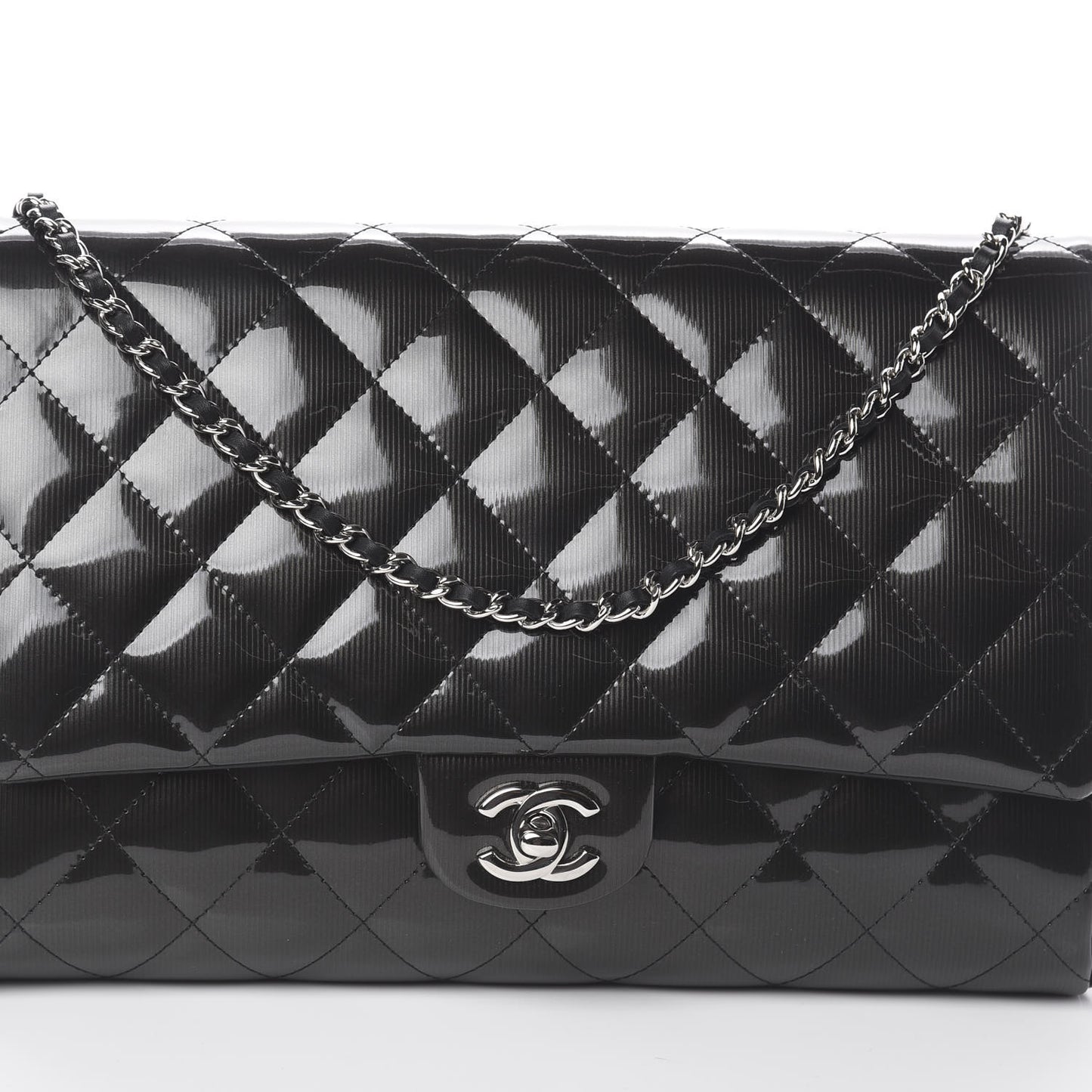 Striated Patent Quilted Clutch With Chain Flap Black