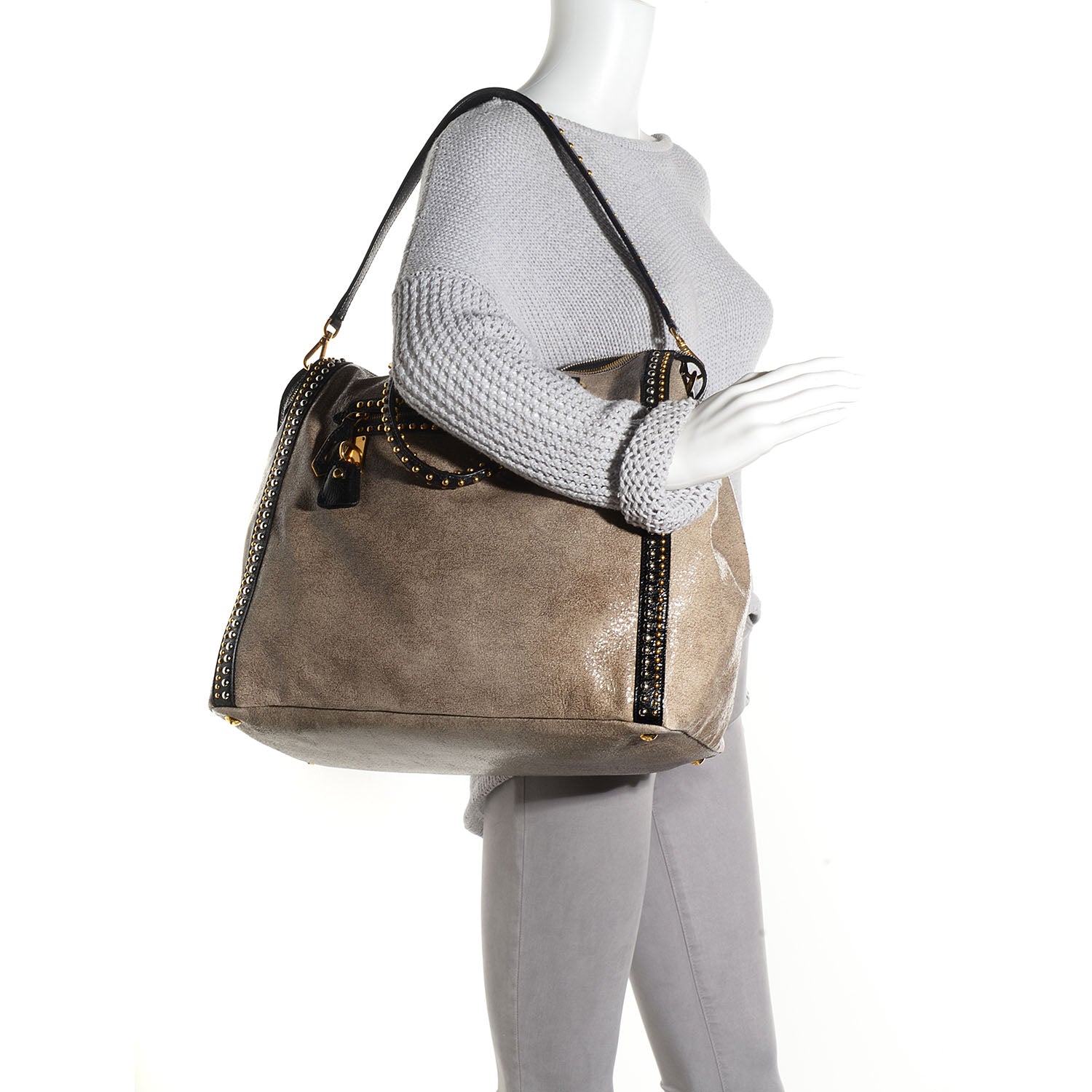 Prada Crackled Calfskin Studded Tote Talco Black 2 of 12